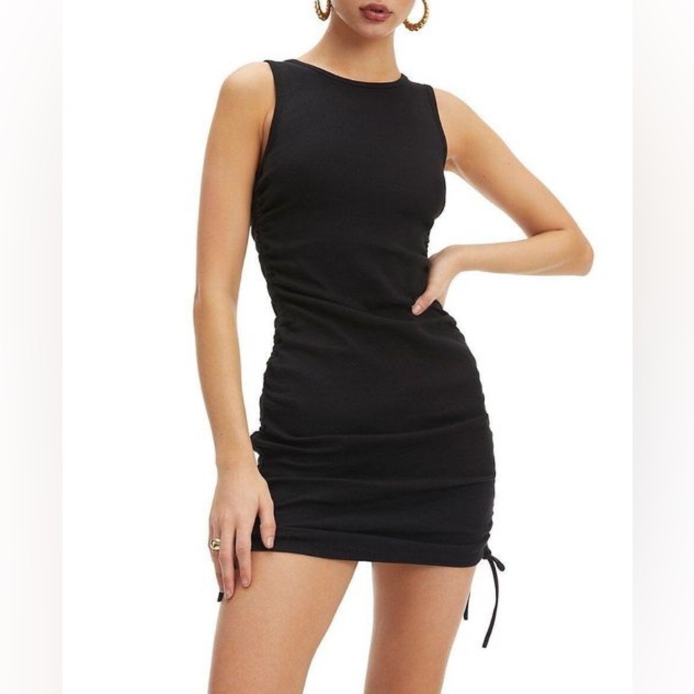 NWT Good American Black Ruched Sleeveless Mini Dress. Size 4